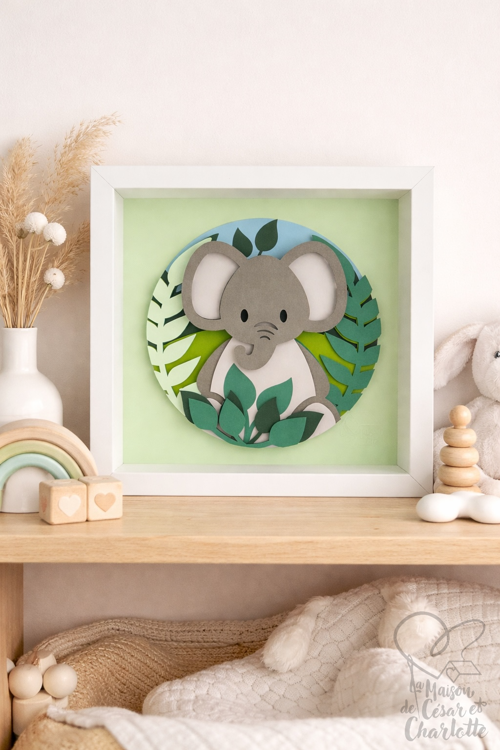 Cadre Décoratif 3D "Petit Éléphant dans la Jungle" - Tableau en Relief Fait Main