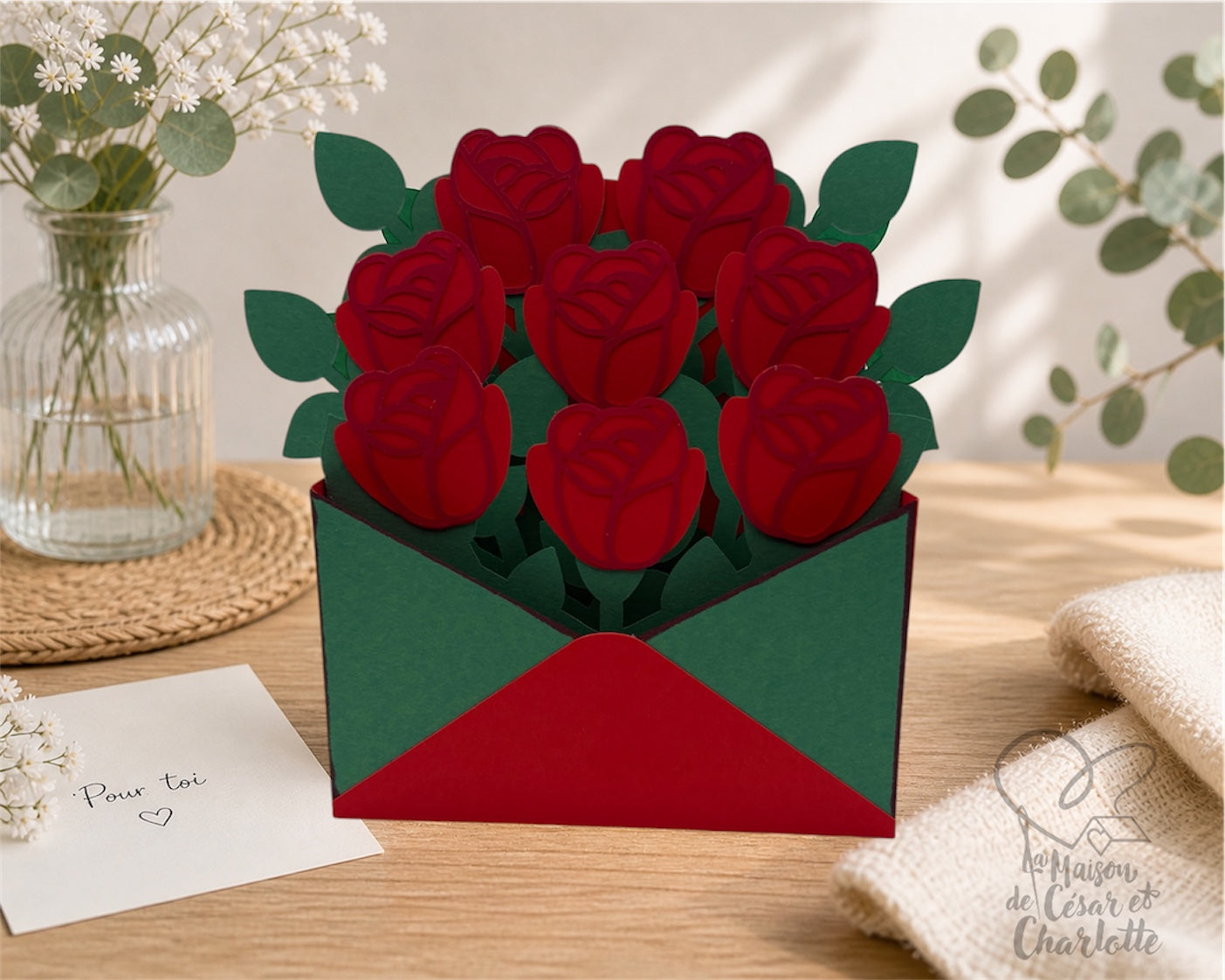 Bouquet de roses pop-up – Carte artisanale en papier
