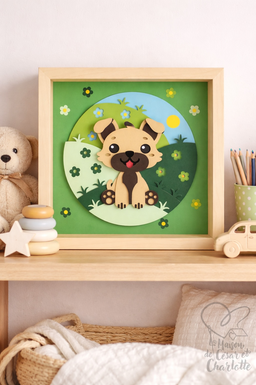 Cadre Décoratif 3D "Petit Chien dans la Prairie" - Tableau en Relief Fait Main