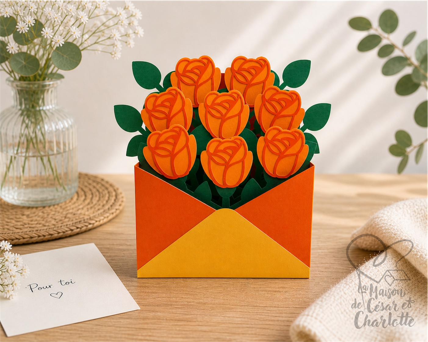 Bouquet de roses pop-up – Carte artisanale en papier