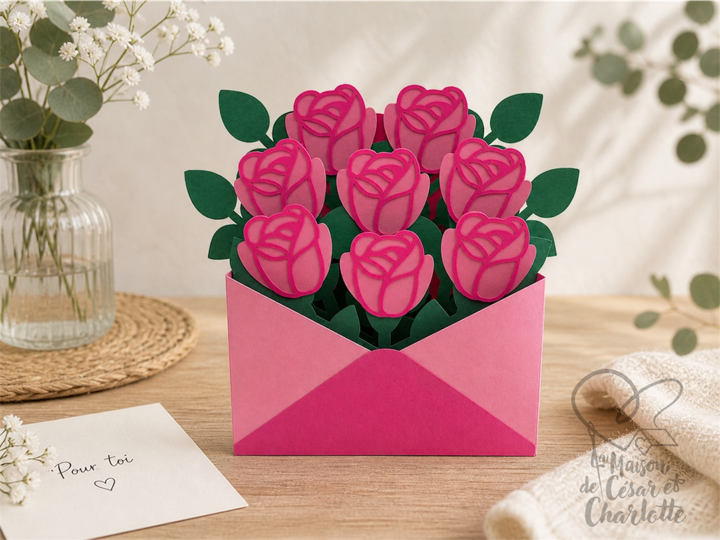 Bouquet de roses pop-up – Carte artisanale en papier
