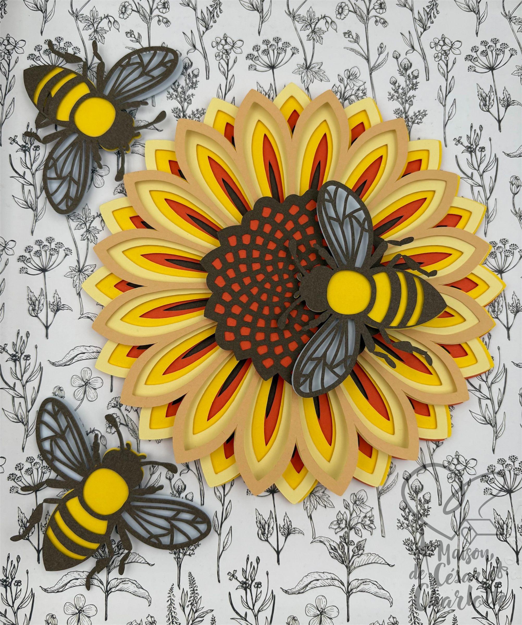 Cadre 3D "Tournesol & Abeilles Butineuses" - Sculpture de Papier en Relief & Ambiance Solaire