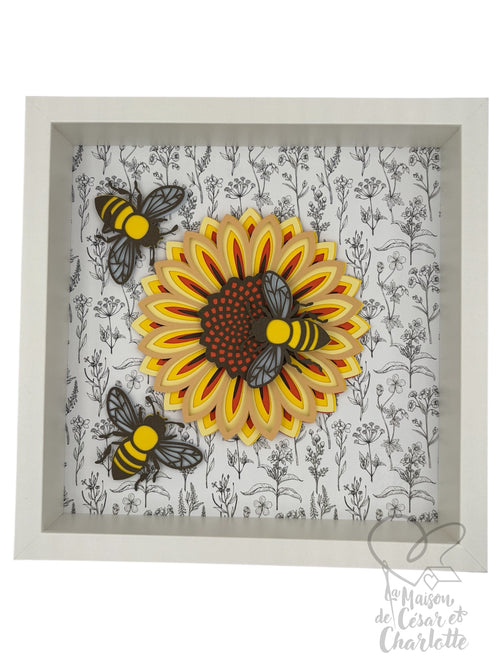Cadre 3D "Tournesol & Abeilles Butineuses" - Sculpture de Papier en Relief & Ambiance Solaire