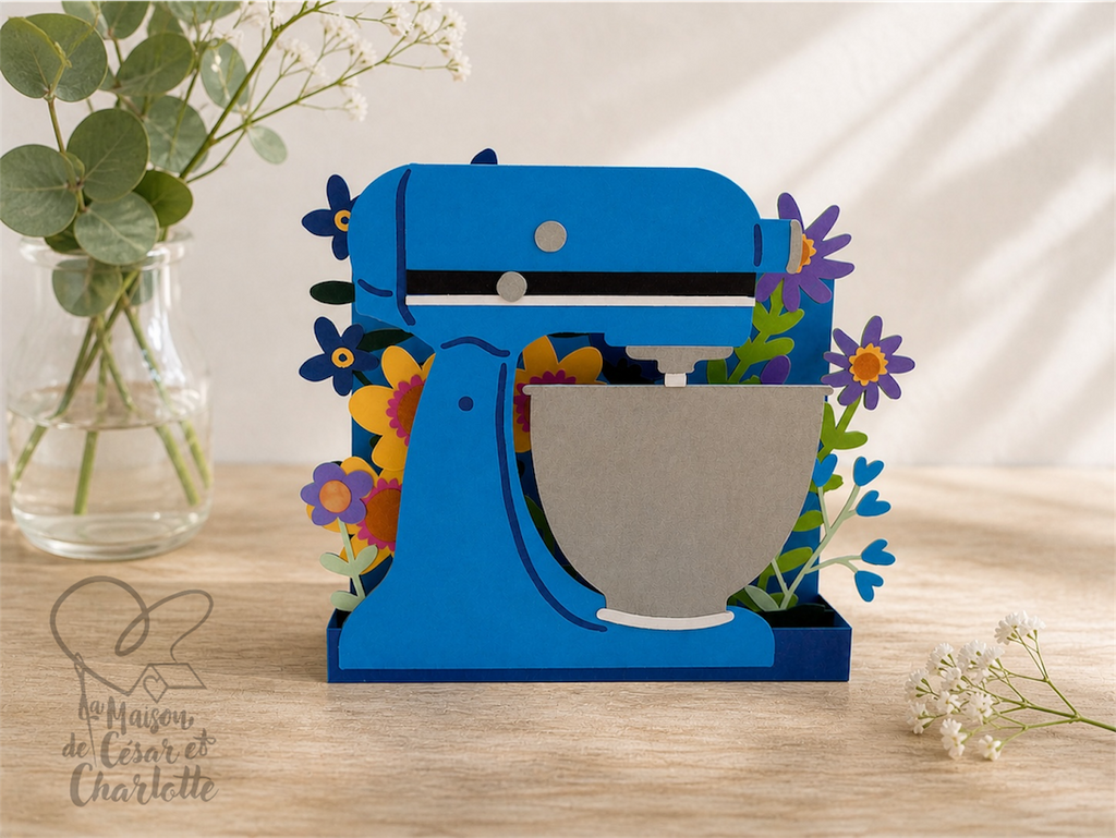 carte pop - up robot pâtissier fleurie - cadeau fête des méres artisanal